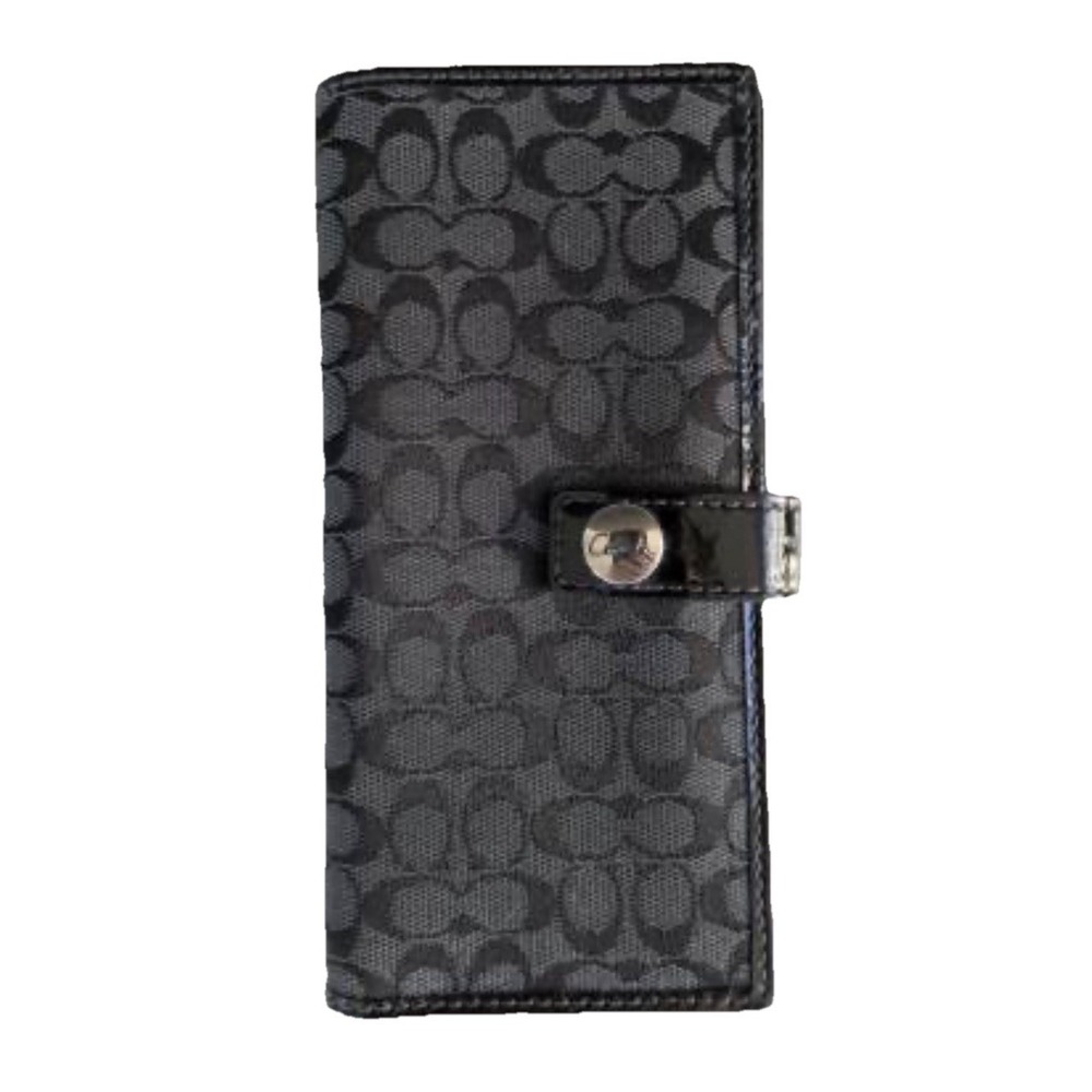 Vintage Coach Long Jaquard Mini‎ Logo Wallet Black Patent Trim  Snap Closure